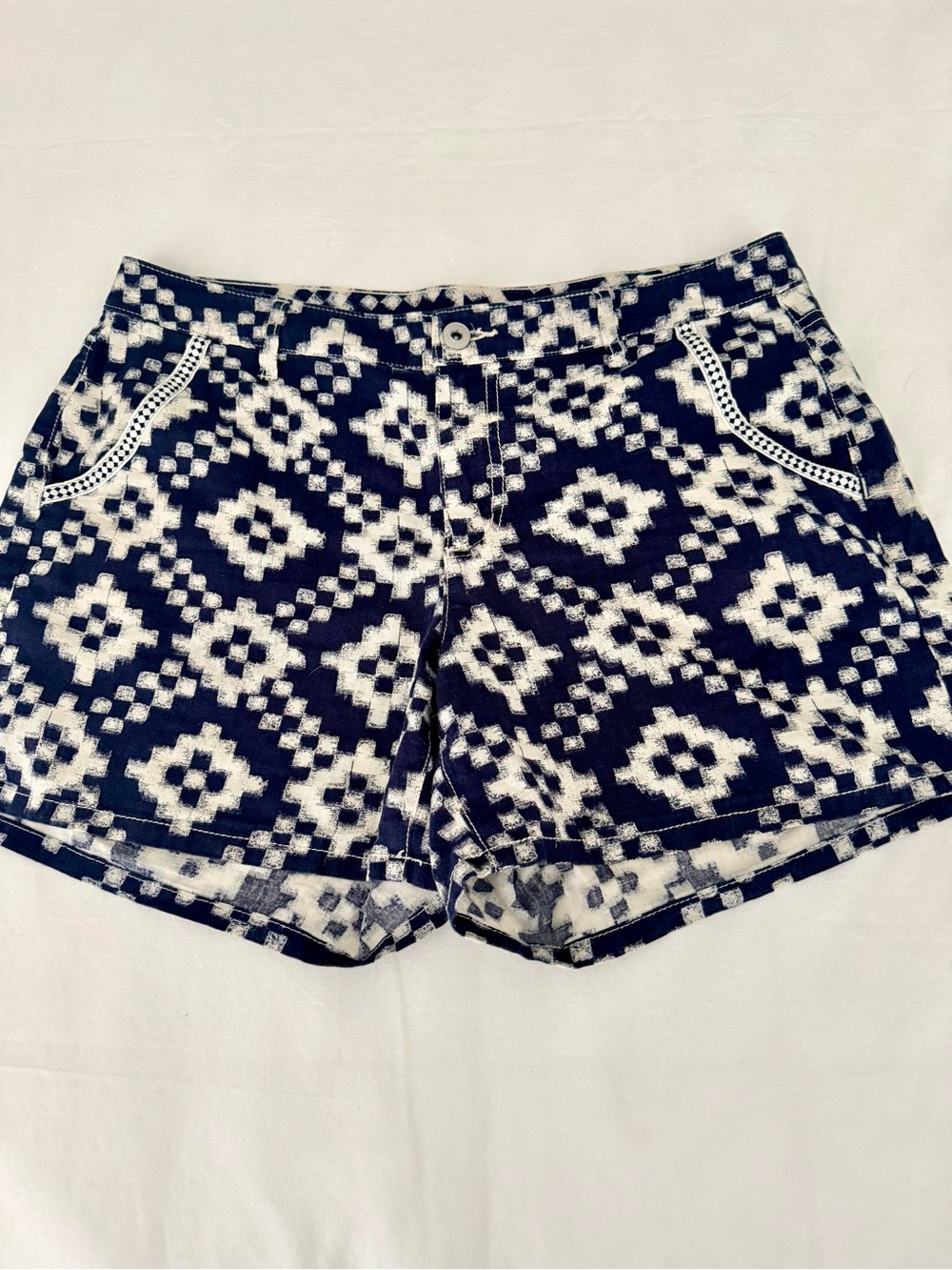 Two by Vince Camuto Navy & Ivory Print Shorts Linen Cotton Blend Size 30/10